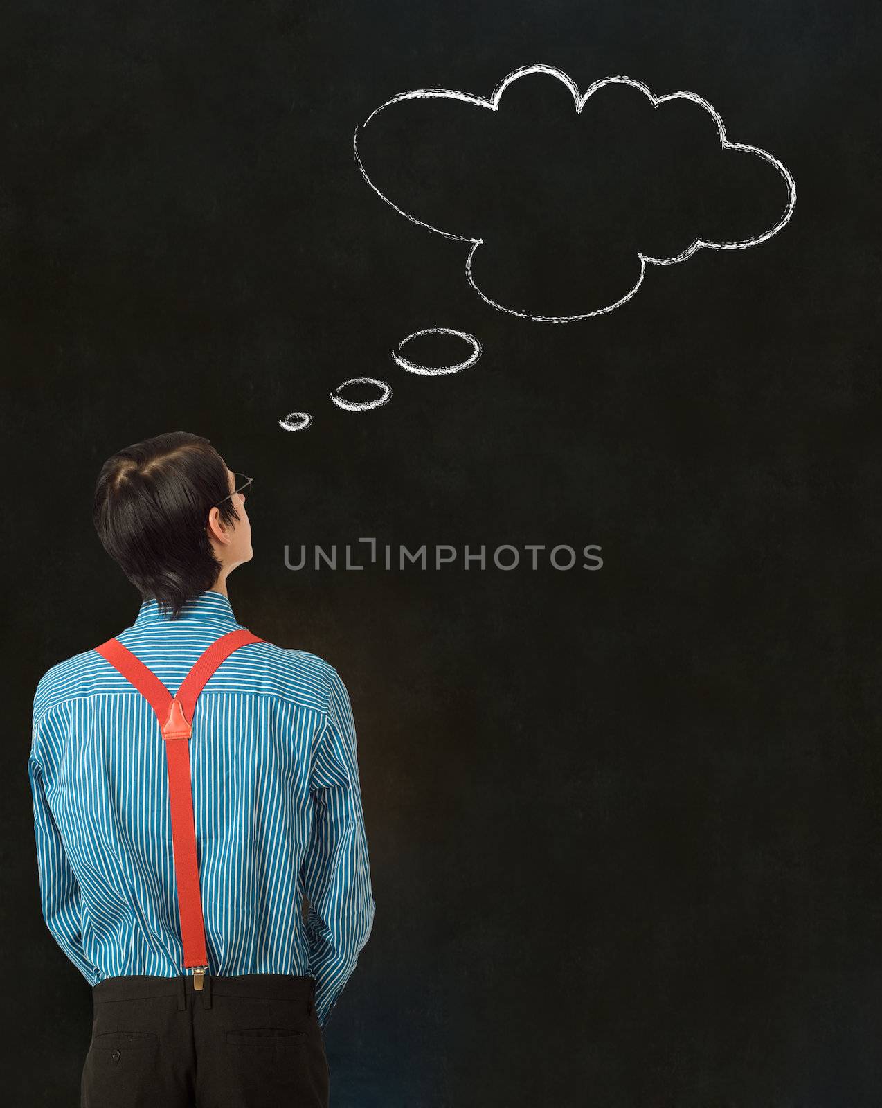 Nerd geek businessman student teacher with thought thinking chalk cloud on blackboard background