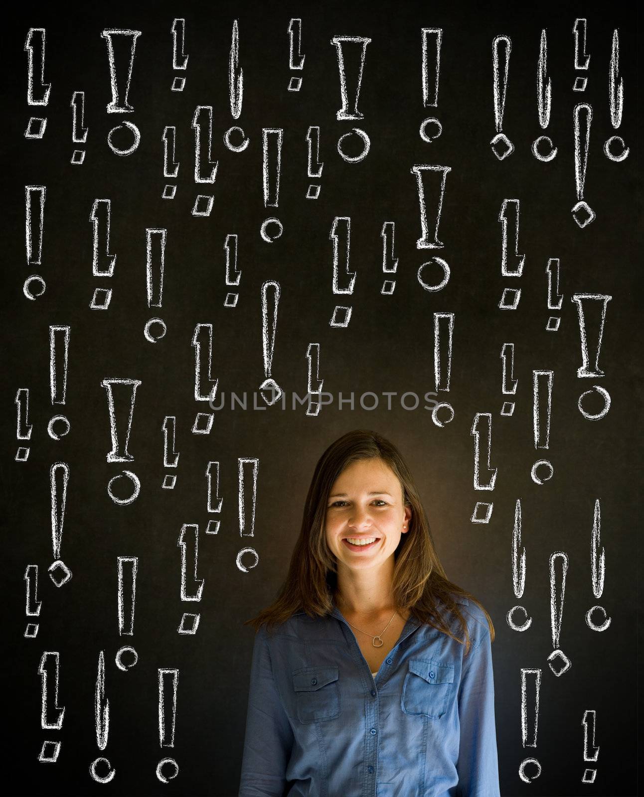Businesswoman student teacher chalk exclamation marks by alistaircotton