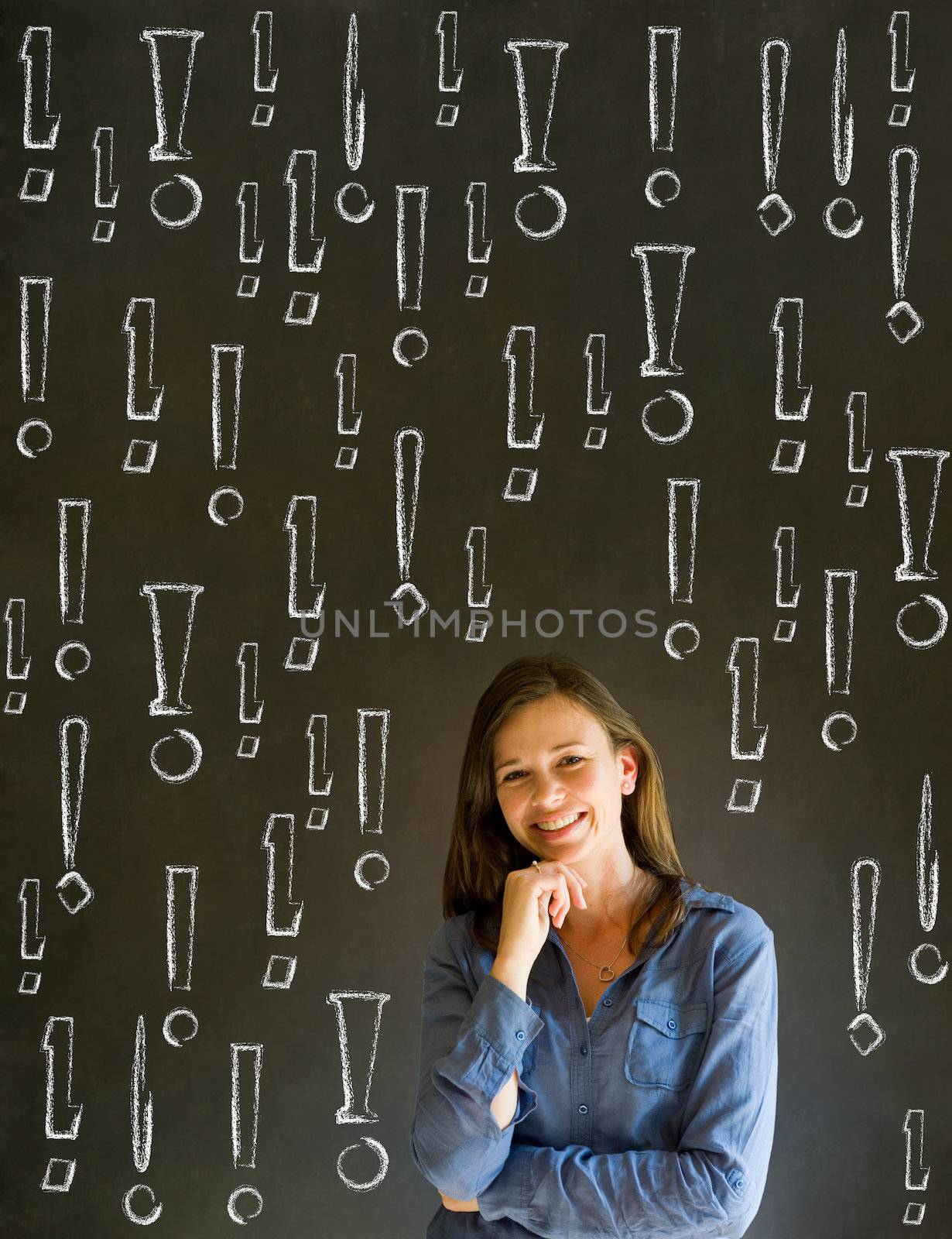 Businesswoman student teacher chalk exclamation marks by alistaircotton