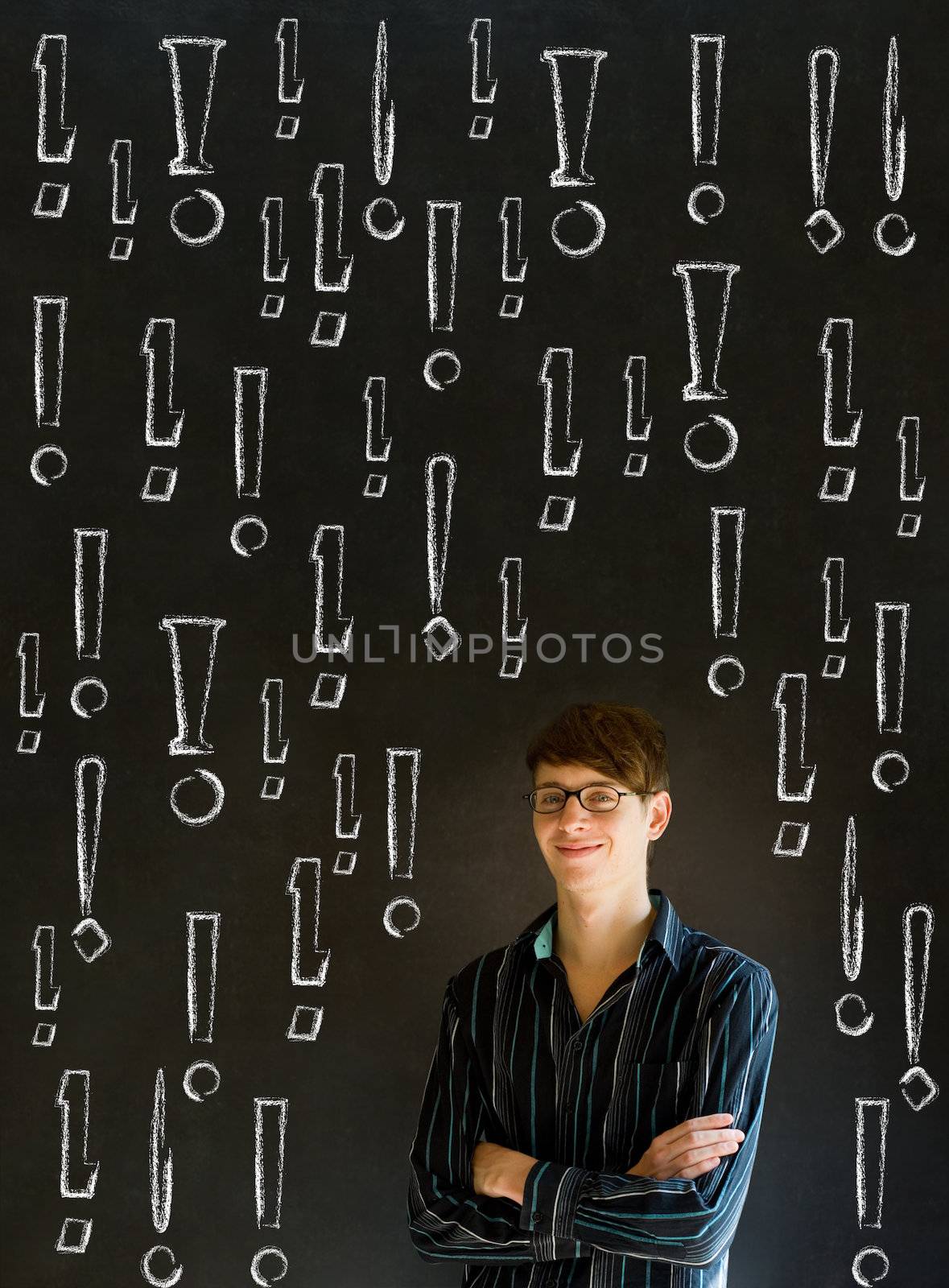 Businessman, student or teacher with chalk exclamation marks on blackboard background