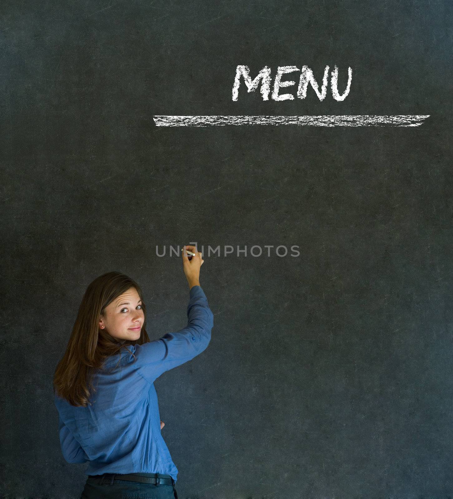 Businesswoman, restaurant owner or chef with chalk menu sign blackboard background