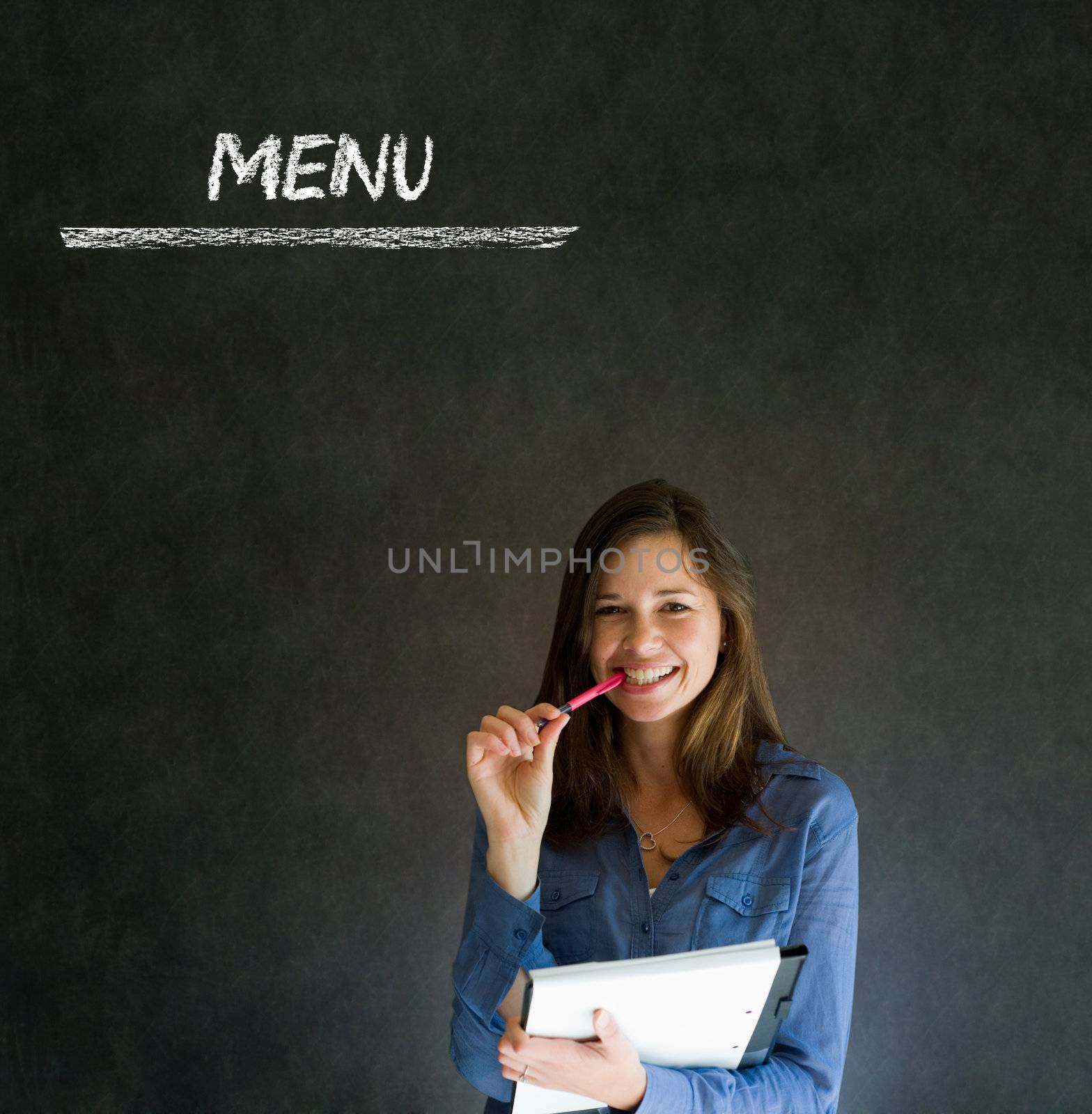 Businesswoman, restaurant owner or chef with chalk menu sign blackboard background