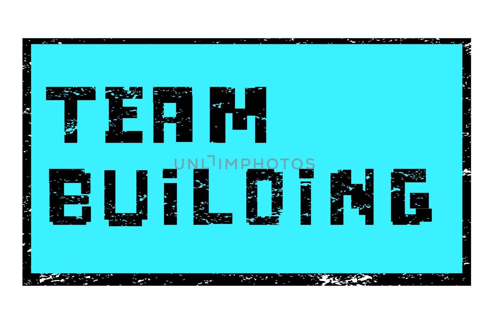 Team building stamp isolated on white, pixel art text over cyan background