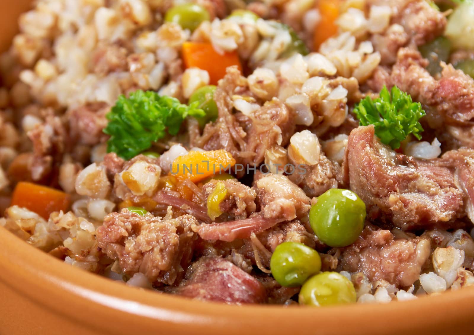 Russian Buckwheat porridge  vegetables und beef closeup