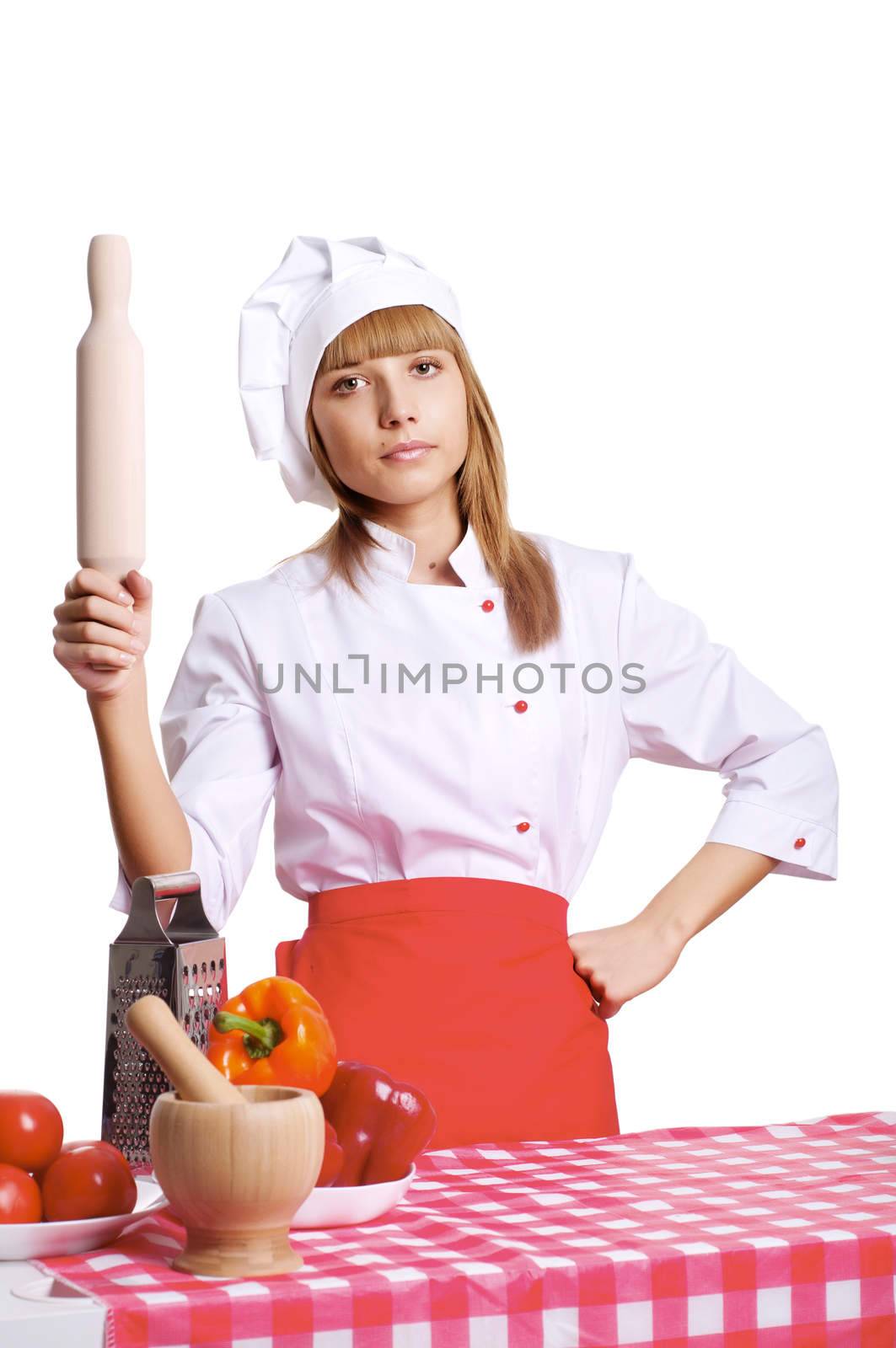 beautiful cook woman hold a plunger over white background