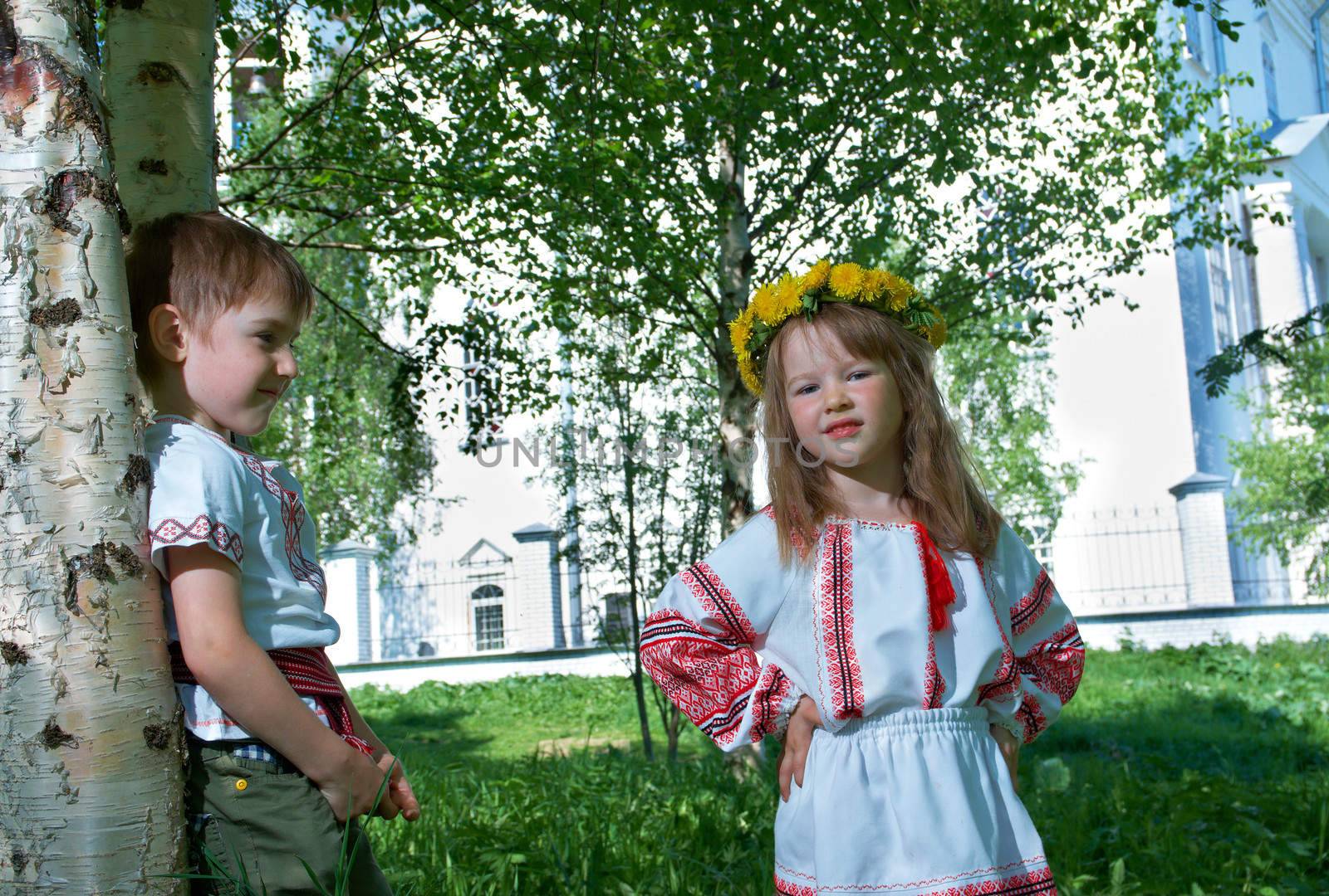  Russian Little boy and girl  on a orthodox church background