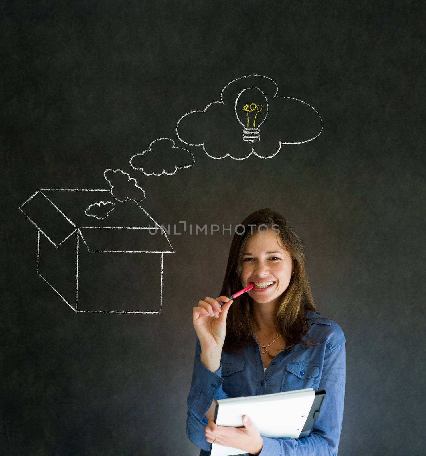 Businesswoman, student or teacher thinking out the box chalk concept blackboard background