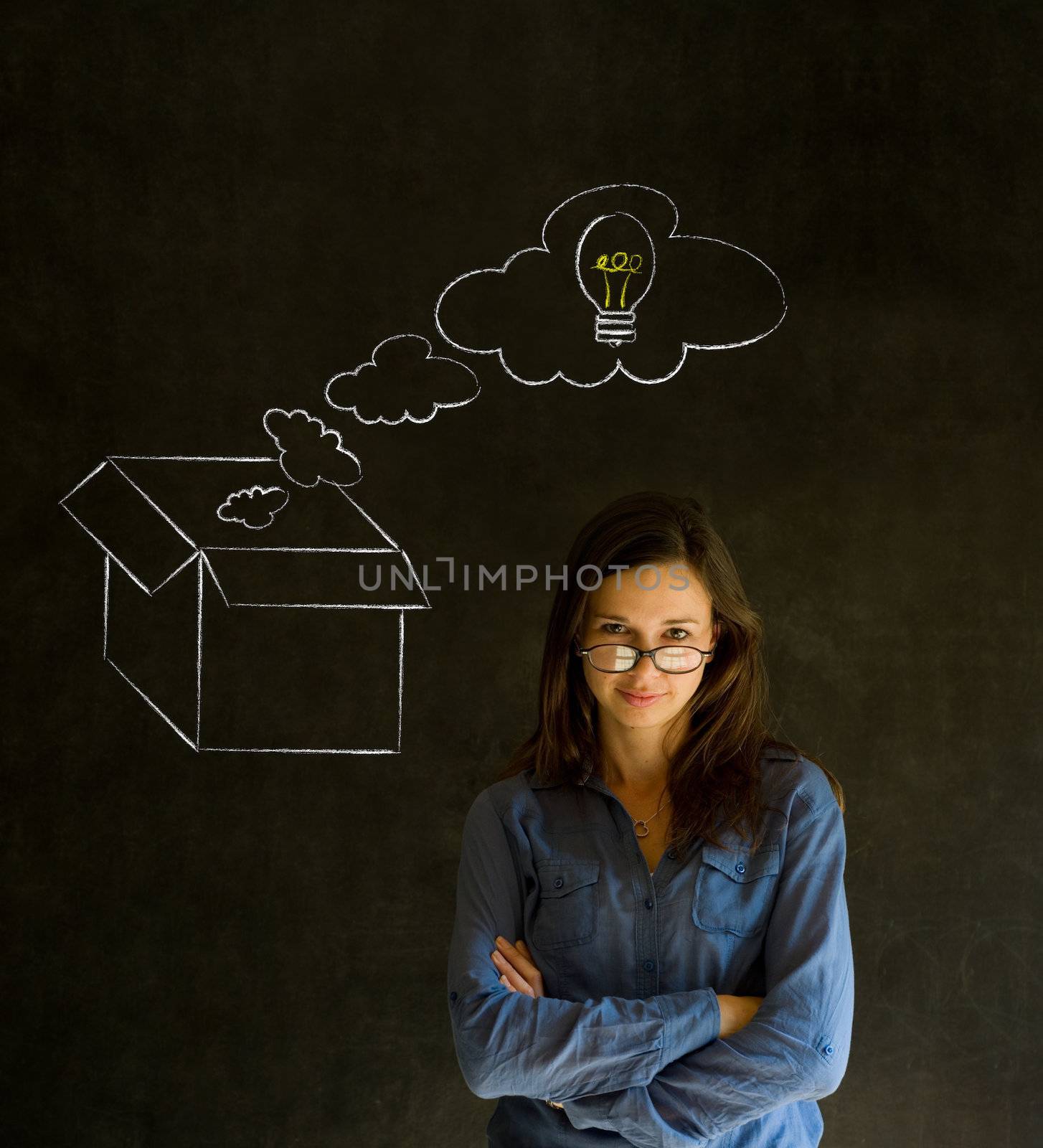Businesswoman, student or teacher thinking out the box chalk concept blackboard background