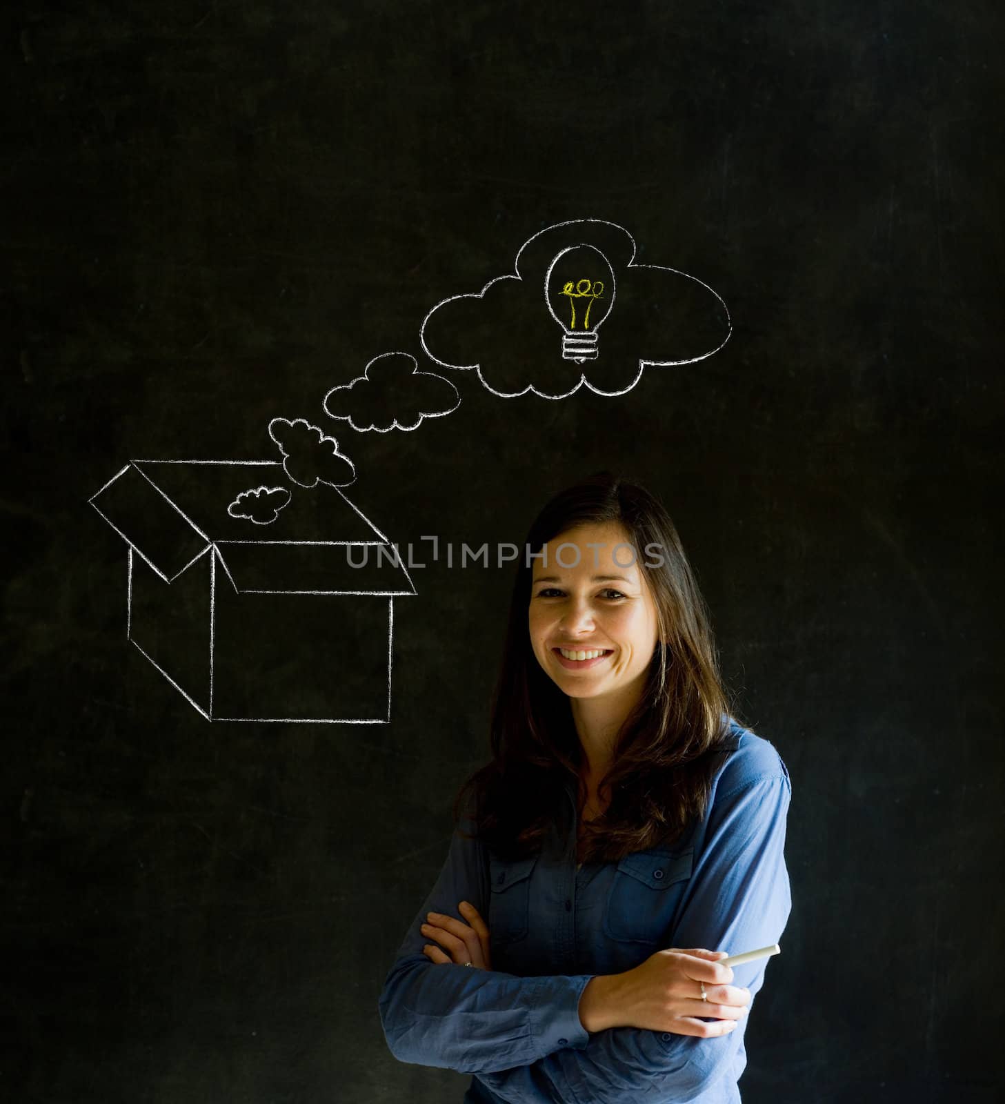 Businesswoman, student or teacher thinking out the box chalk concept blackboard background
