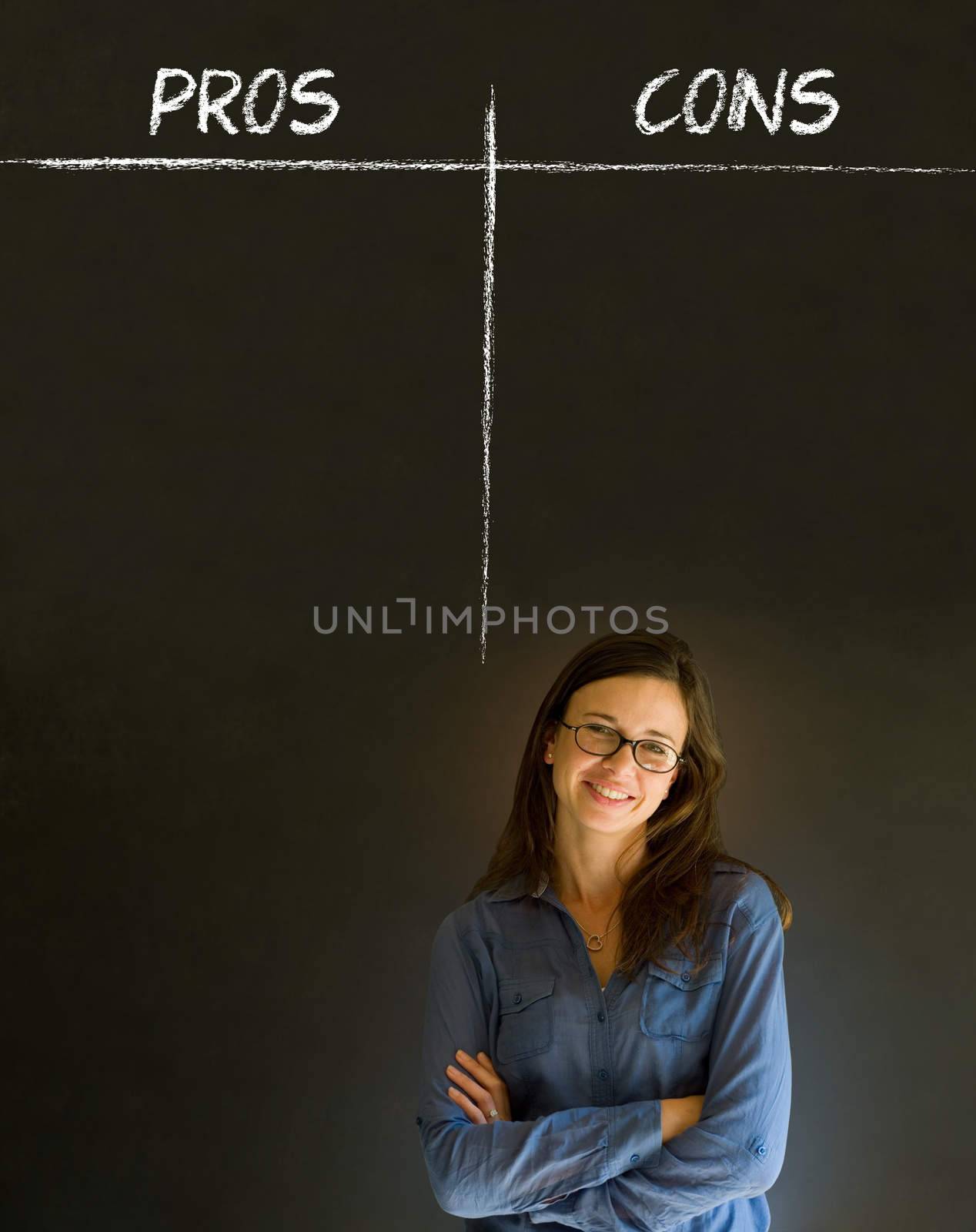 Businesswoman, student or teacher thinking pros and cons decision list chalk concept blackboard background