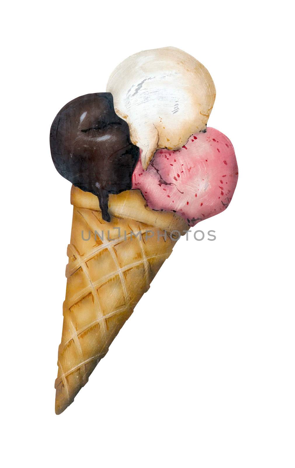 Grungy Vintage Retro Three Scoop Ice Cream Cone Illustration Sign