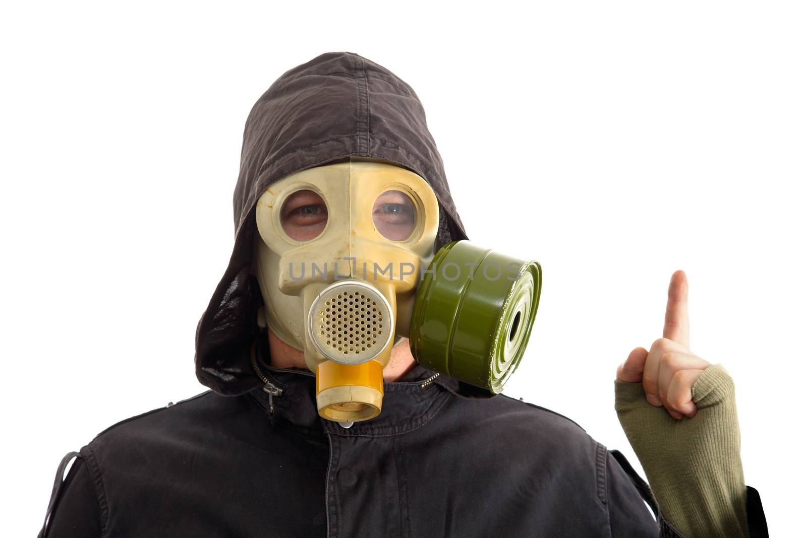 Man in gas mask, white background
