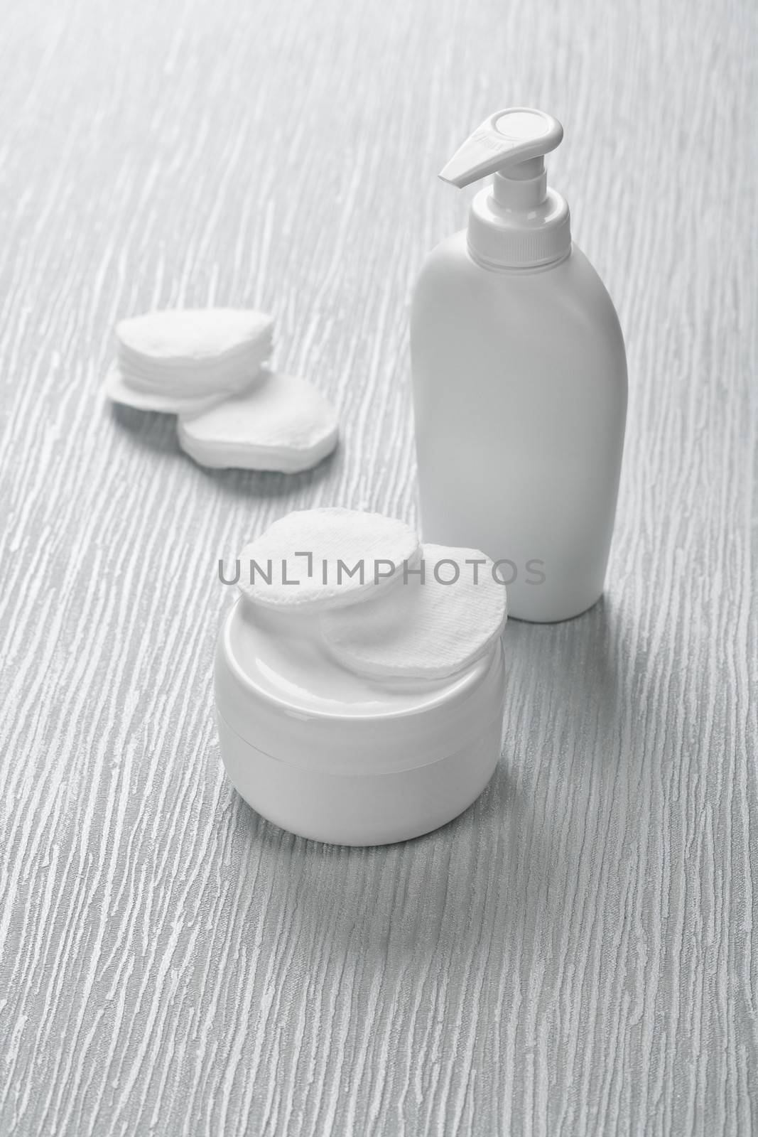 White articles on blue background