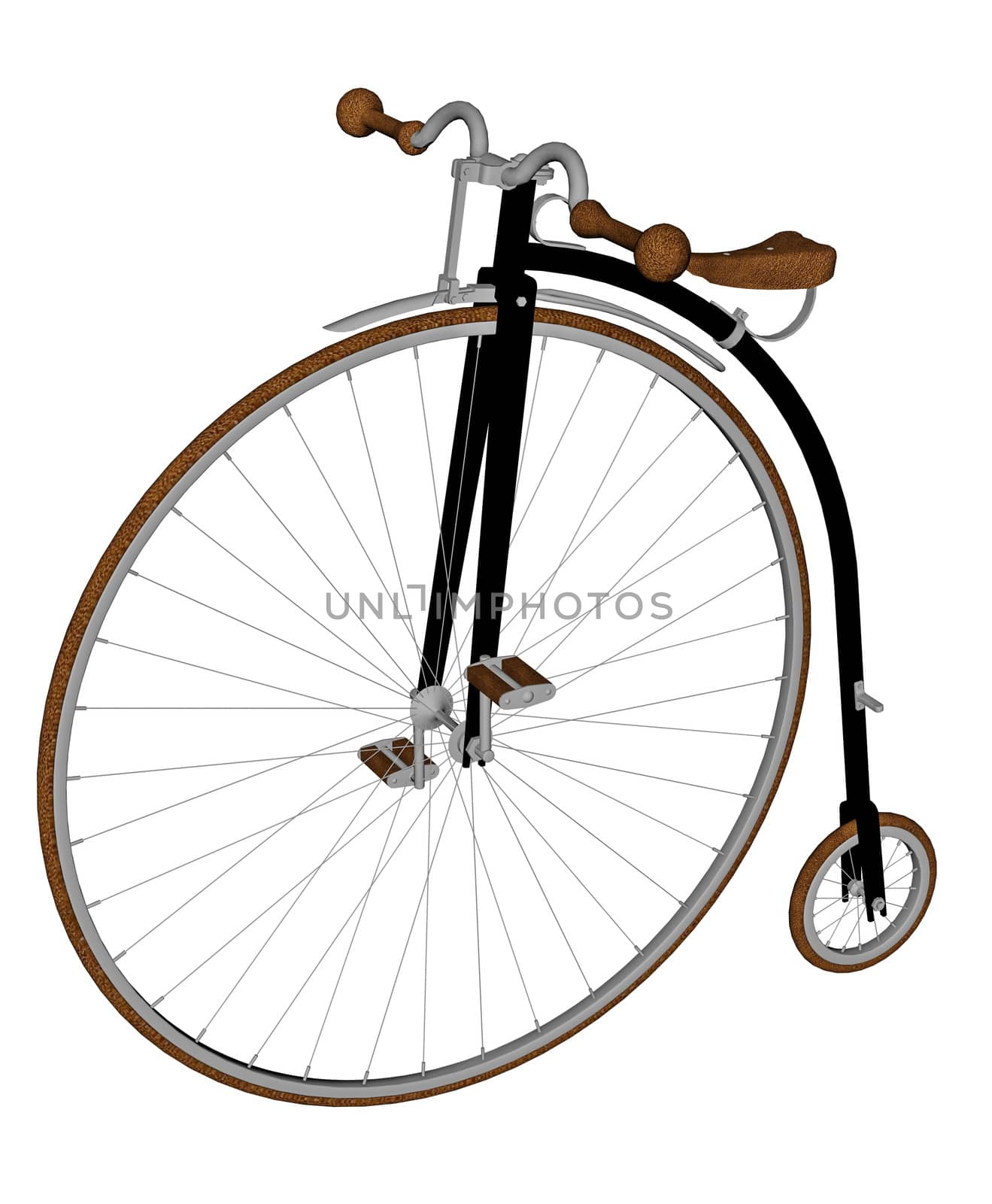 Old bicycle with big and small wheel in white background