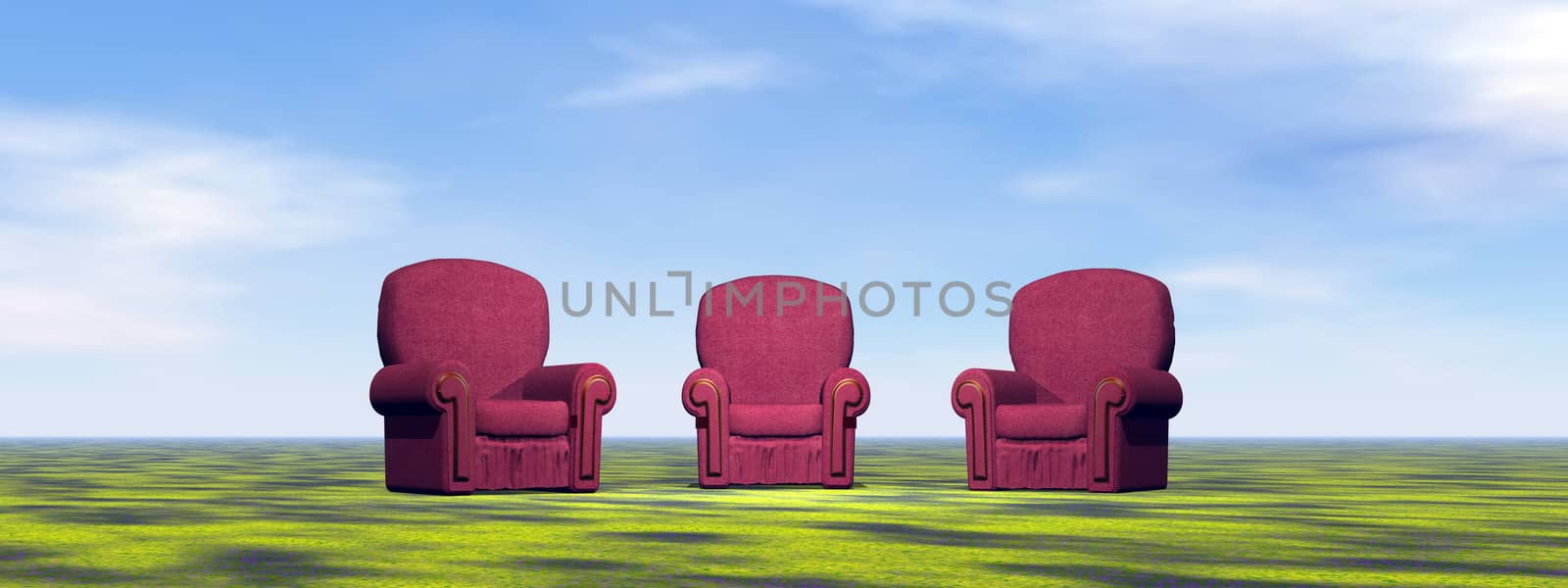 Three red vintage chairs for meeting on a green meadow