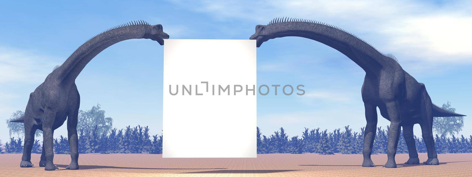 Brachiosaurus dinosaurs and blank sign - 3D render by Elenaphotos21