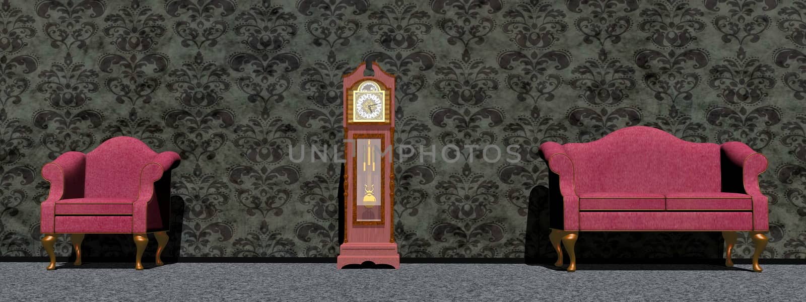 Vintage purple chair and sofa around an old big clock in front of dark wallpaper