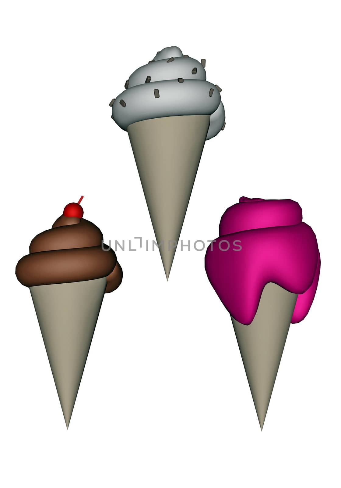 Ice cream cone of three different flavors in white background