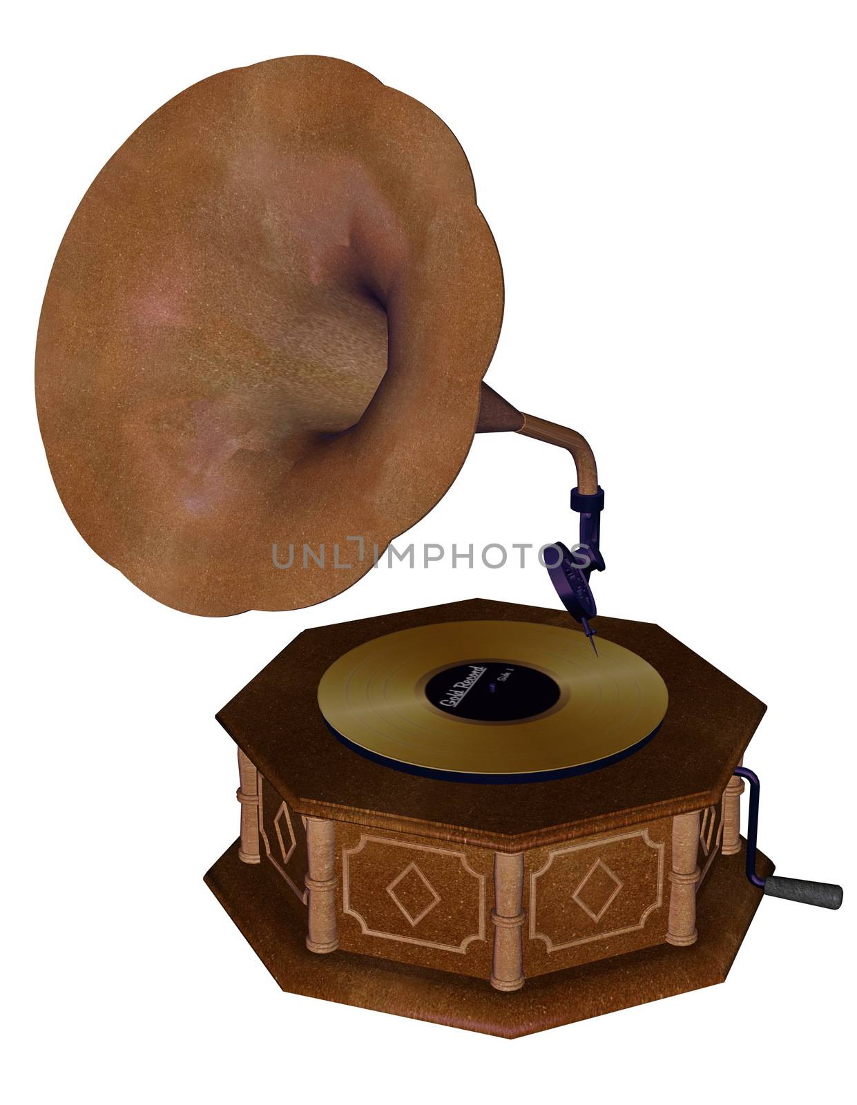 Old gramophone with horn speaker in white background