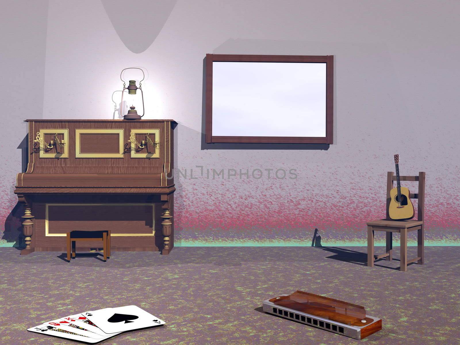 Musical instruments as old piano, guitar and harmonica in a room