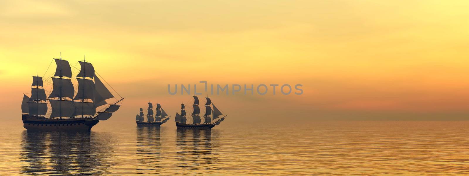Three beautiful old merchant ships floating on quiet water by sunset light