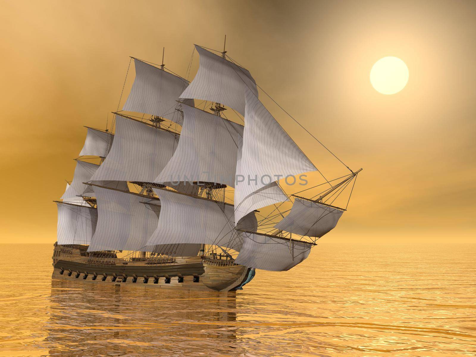 Beautiful old merchant ship floating on quiet water sunset