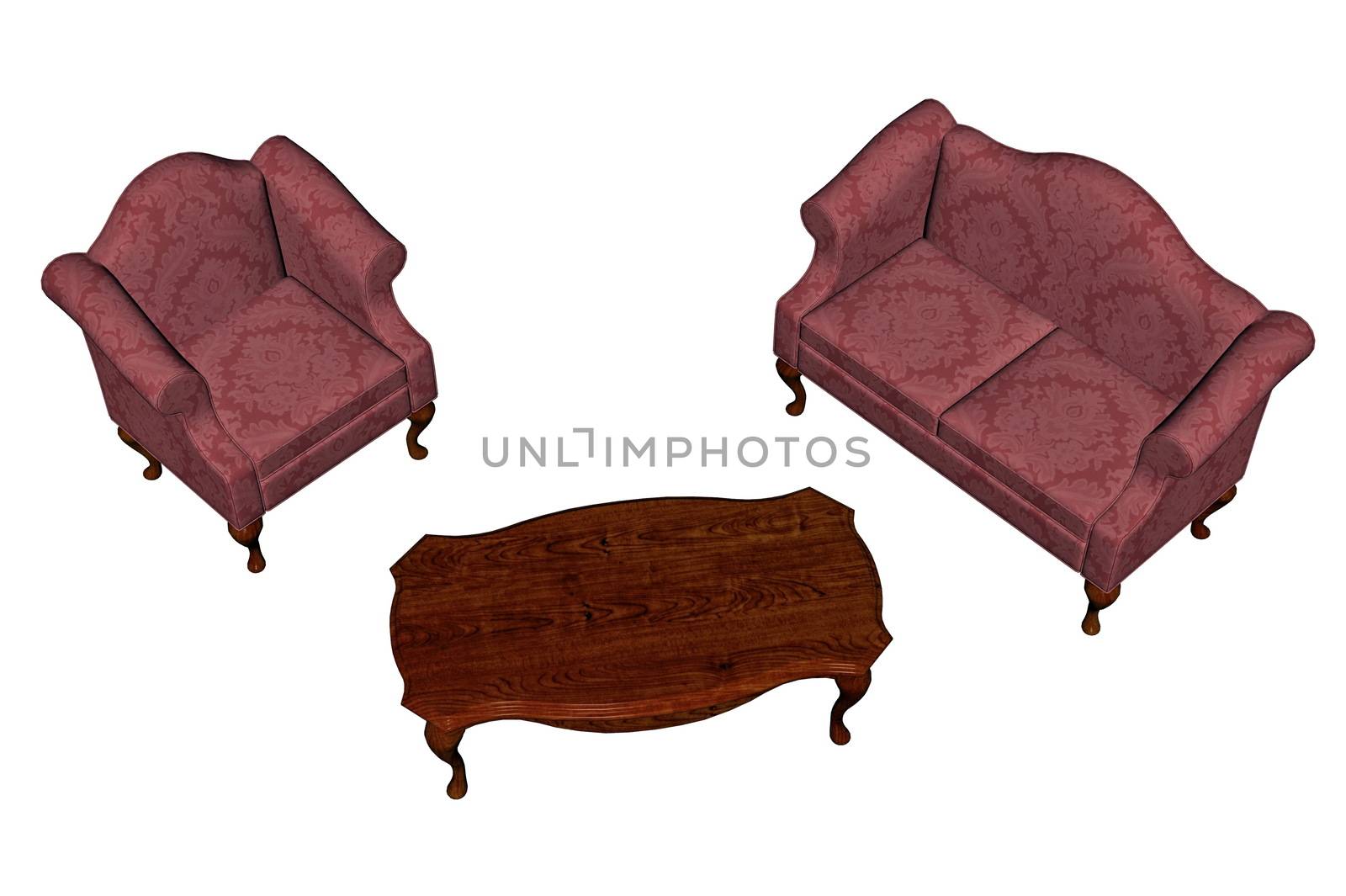 Red vintage sofa and armchair in front of a wood table in white background