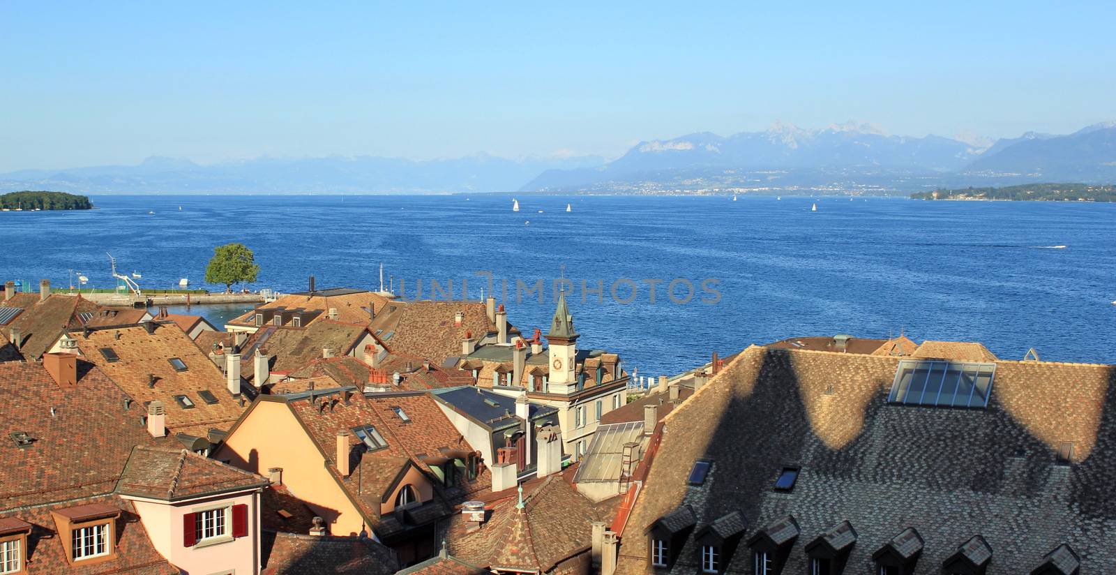 View on lake of Geneva from old townscape of Nyon, Switzerland