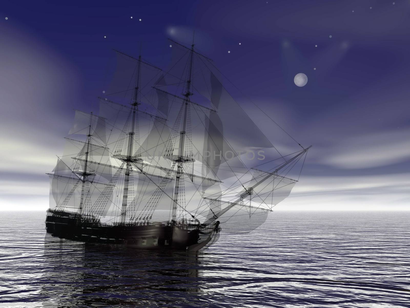 Beautiful old merchant ship floating on quiet water night with full moon