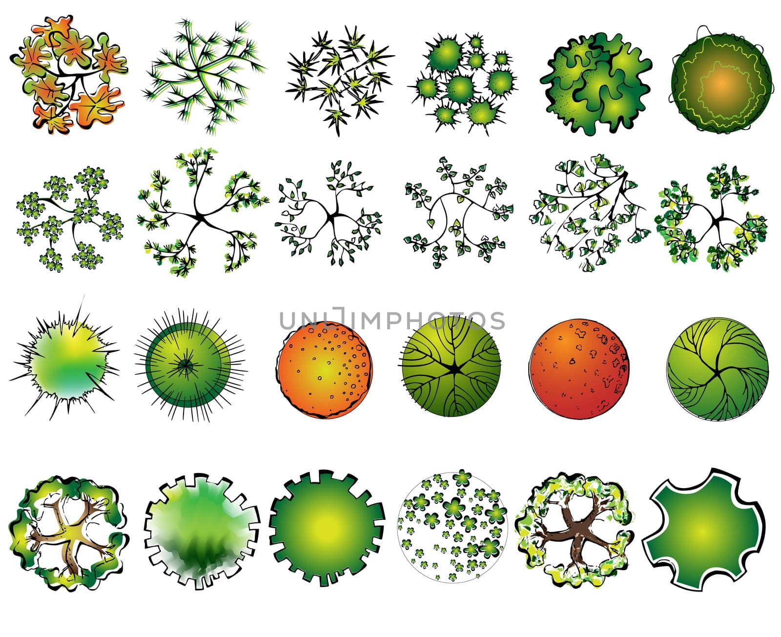 A set of colored treetop symbols, for architectural or landscape design  by jelen80