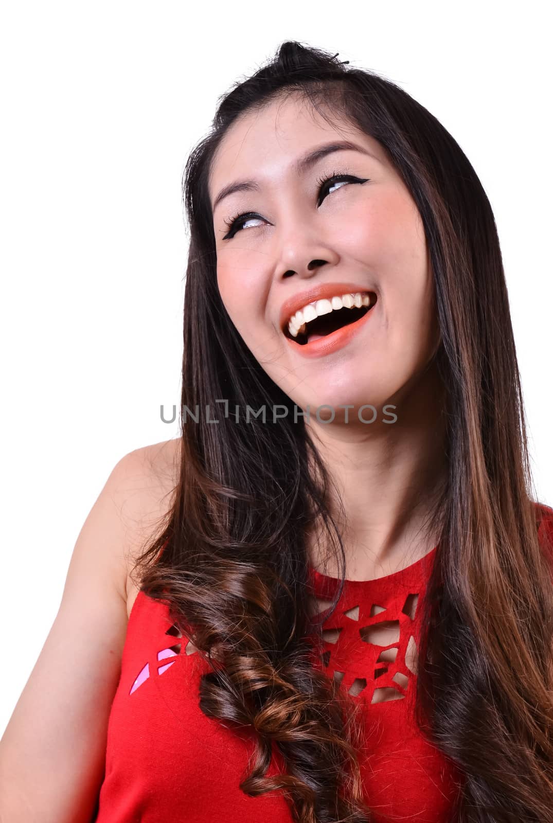 Portrait of a happy woman on a white background