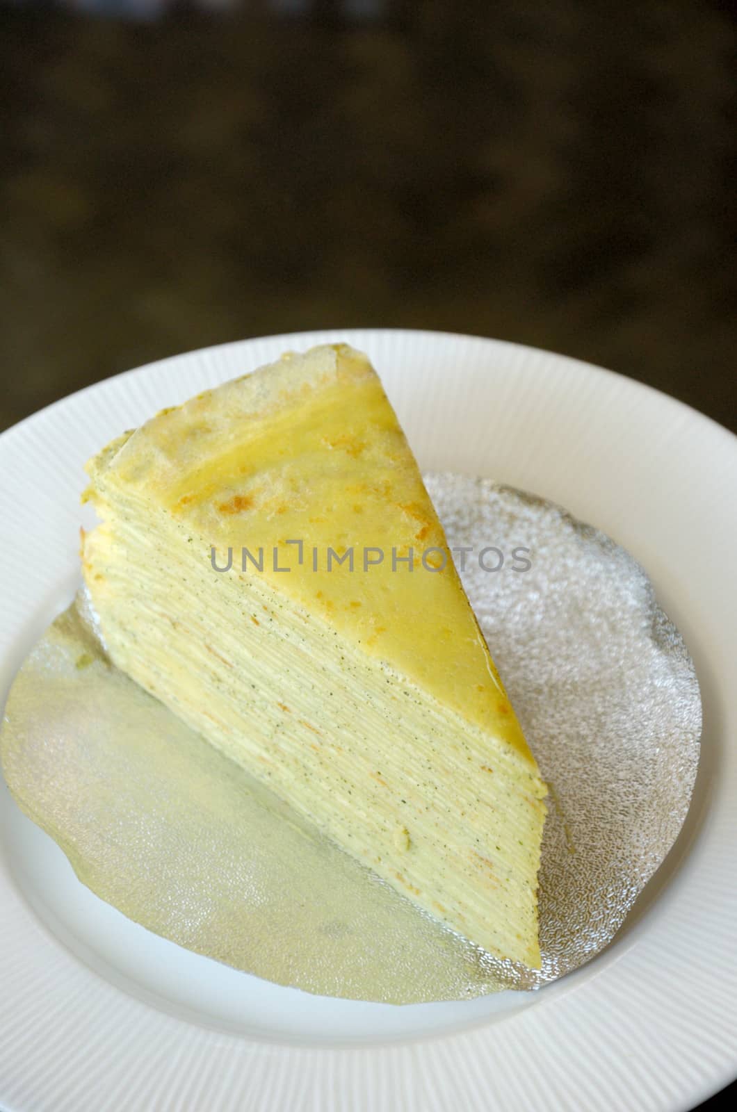Crepe cake in white dish
