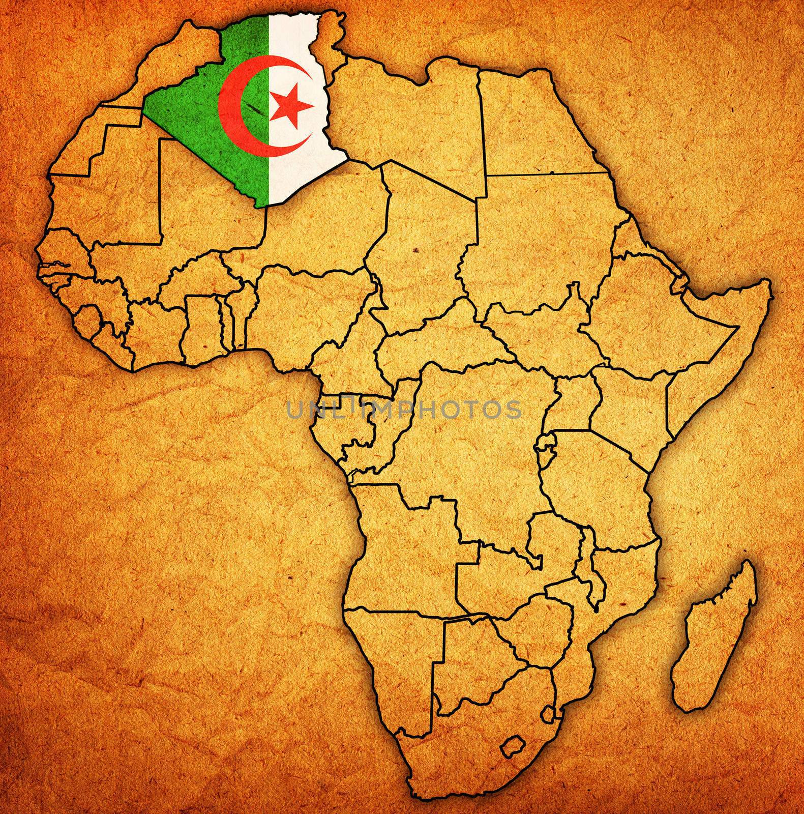 algeria on actual vintage political map of africa with flags