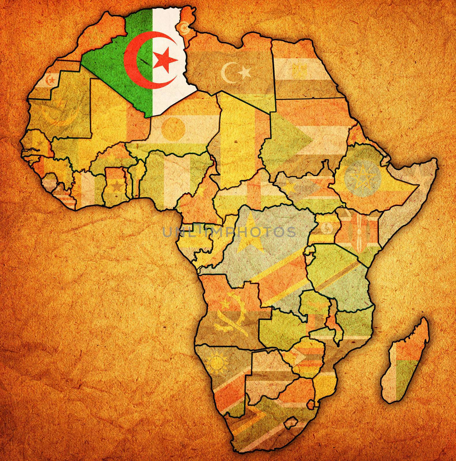 algeria on actual vintage political map of africa with flags