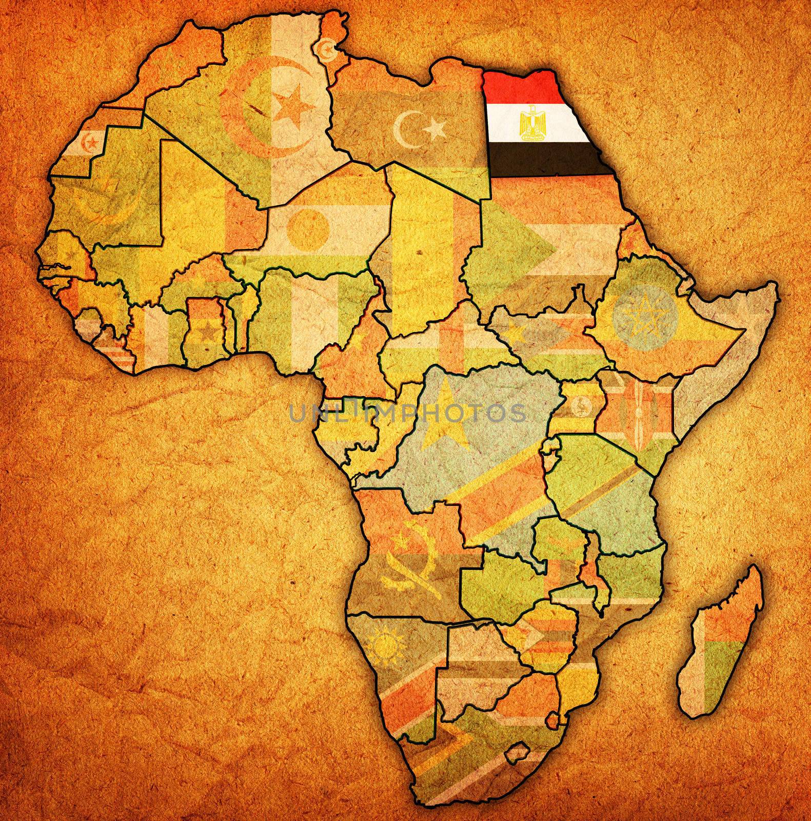 egypt on actual vintage political map of africa with flags