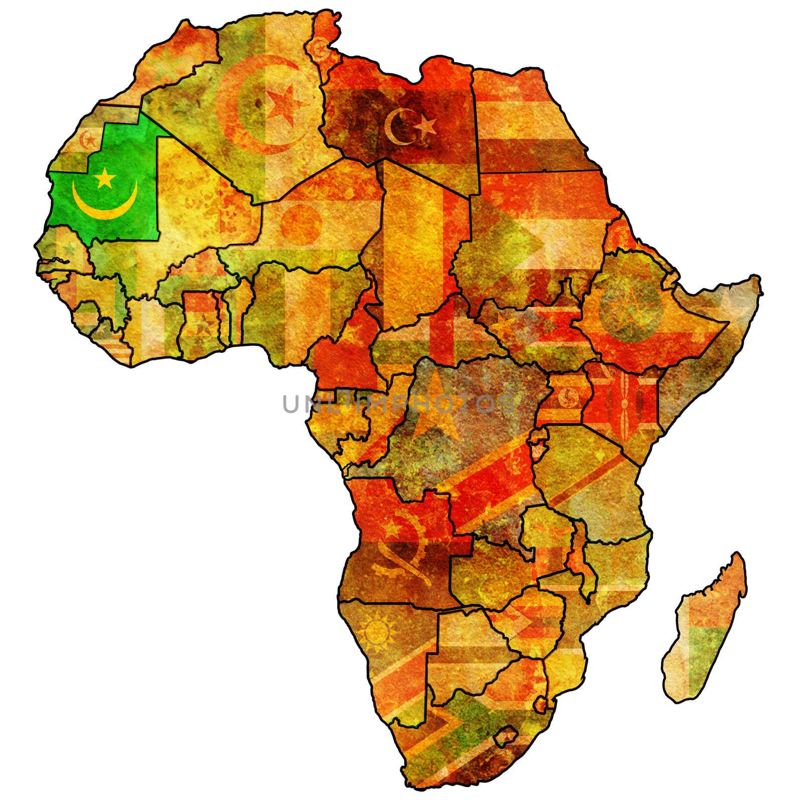 mauritania on actual vintage political map of africa with flags