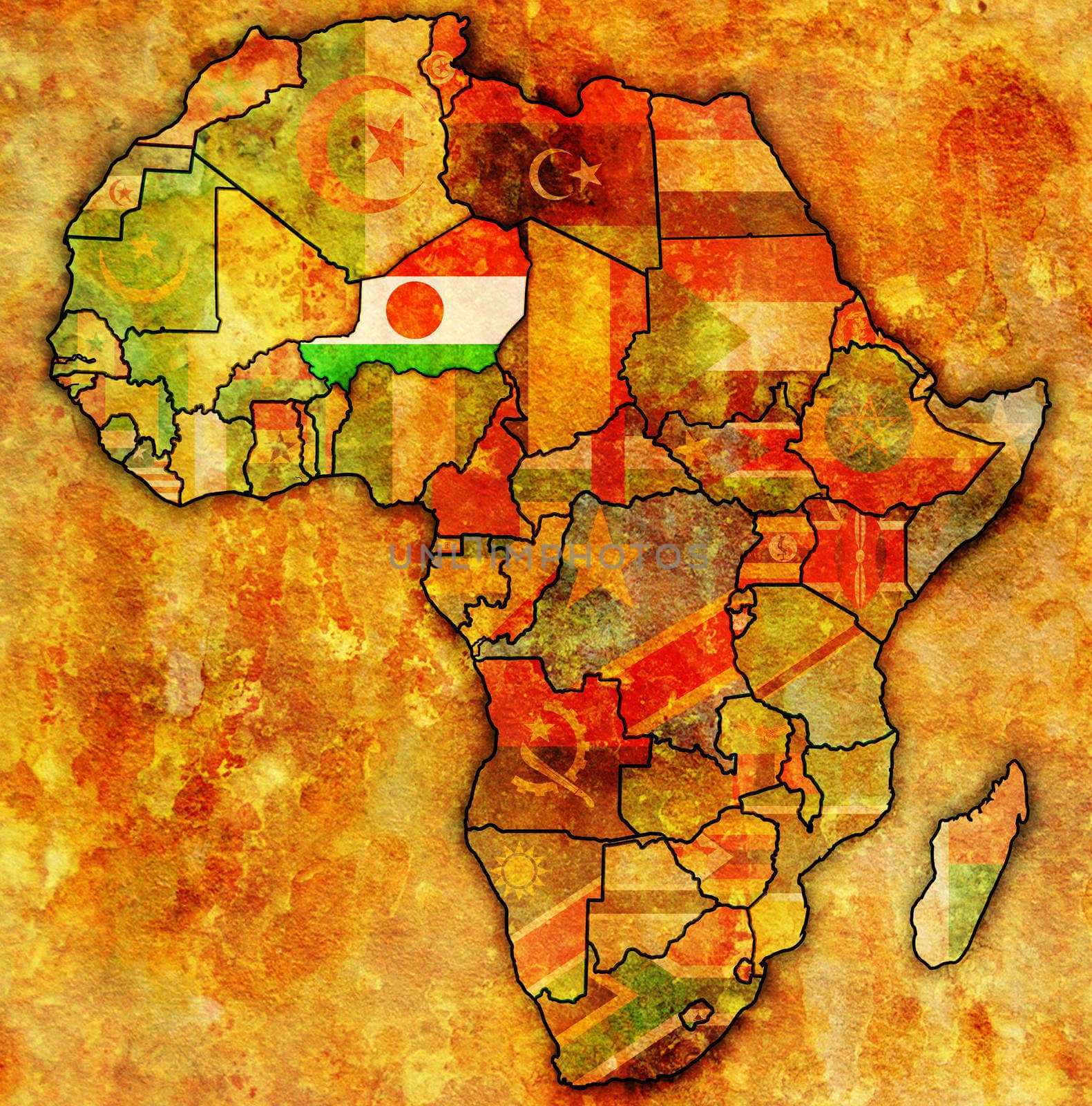 niger on actual vintage political map of africa with flags