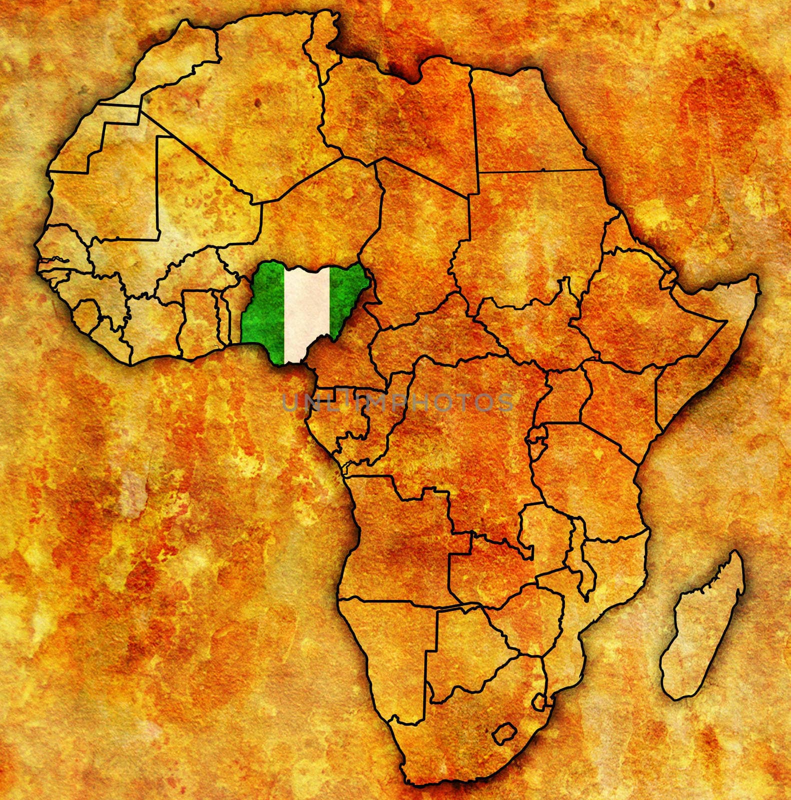 nigeria on actual vintage political map of africa with flags