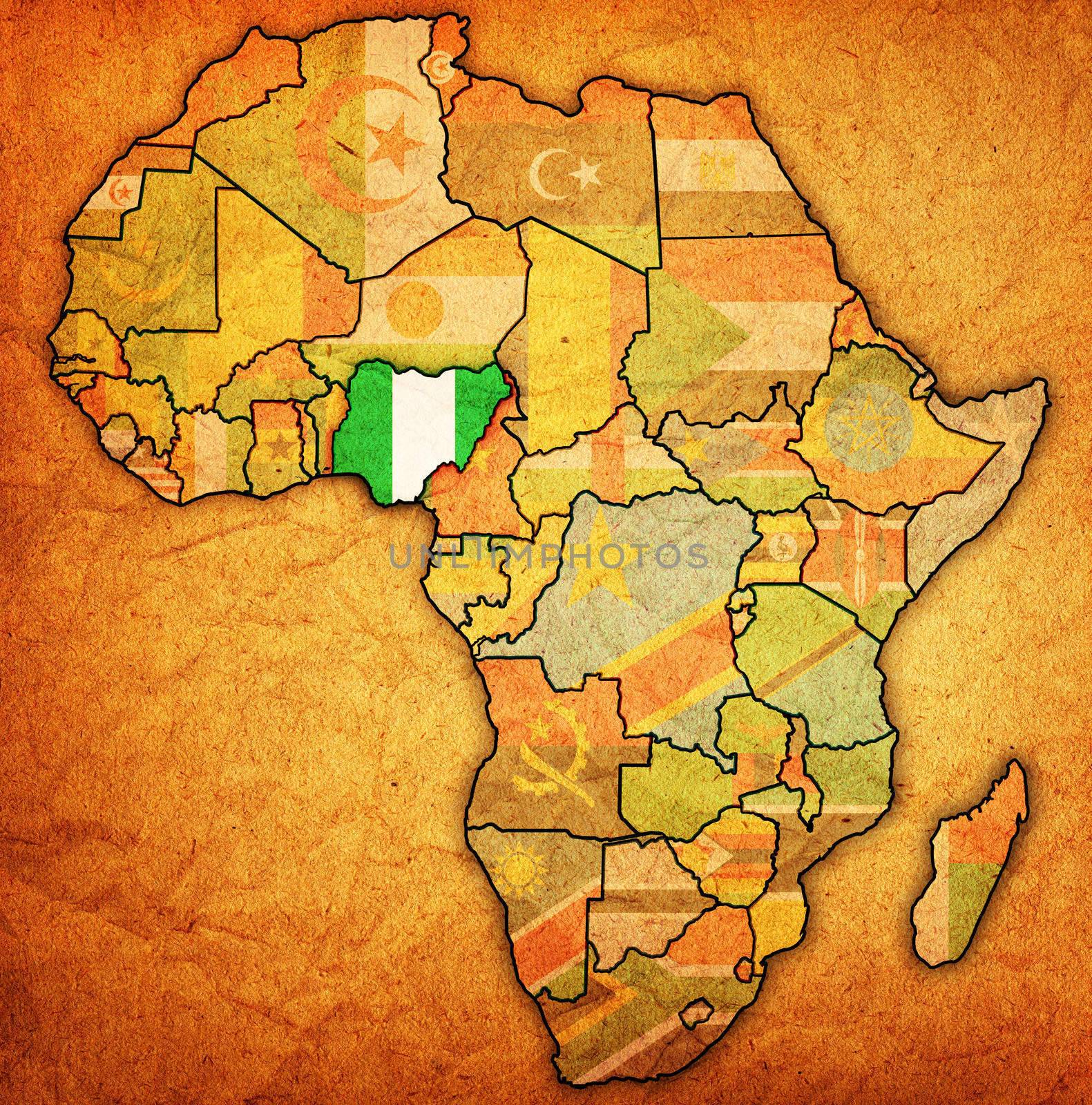 nigeria on actual vintage political map of africa with flags