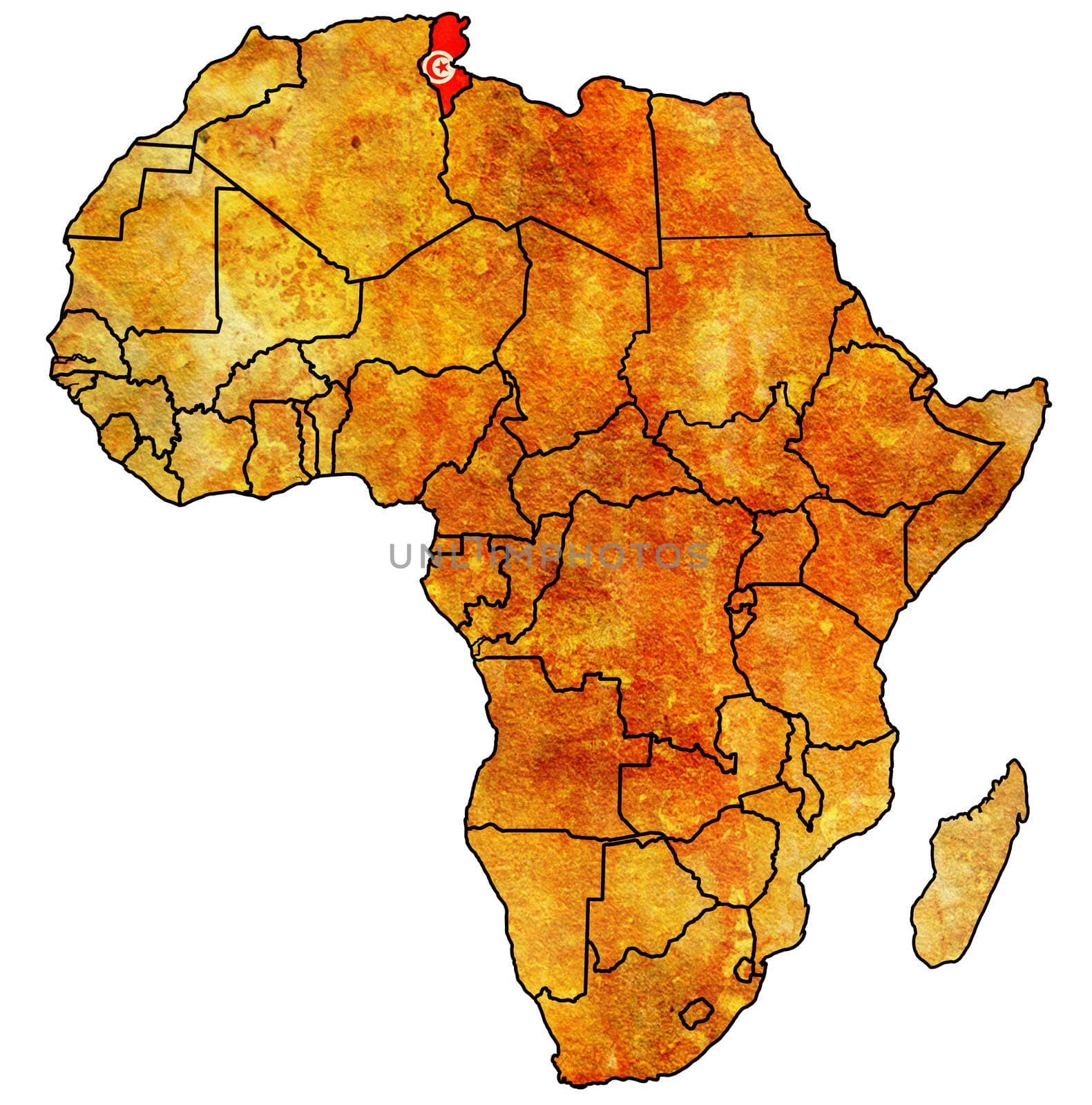 tunisia on actual vintage political map of africa with flags