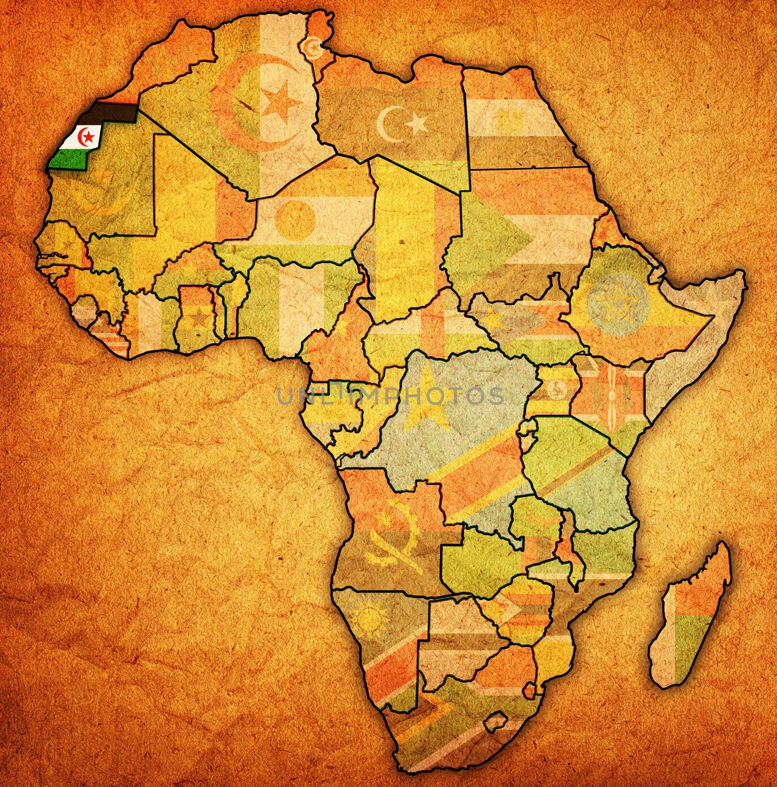 western sahara on actual vintage political map of africa with flags