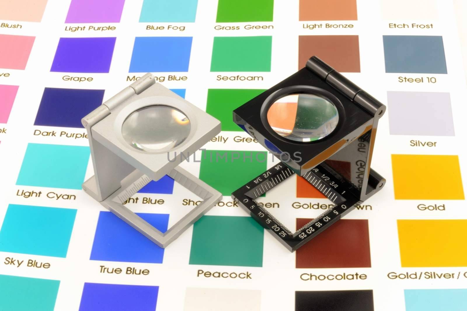 Twin magnifier loupes color management on color chart.