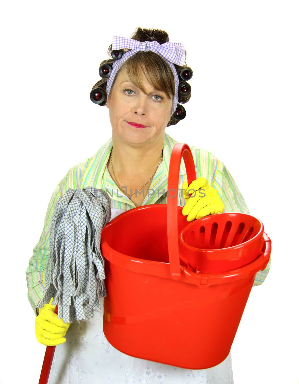 Frumpy unhappy middle aged housewife with a mop and bucket.