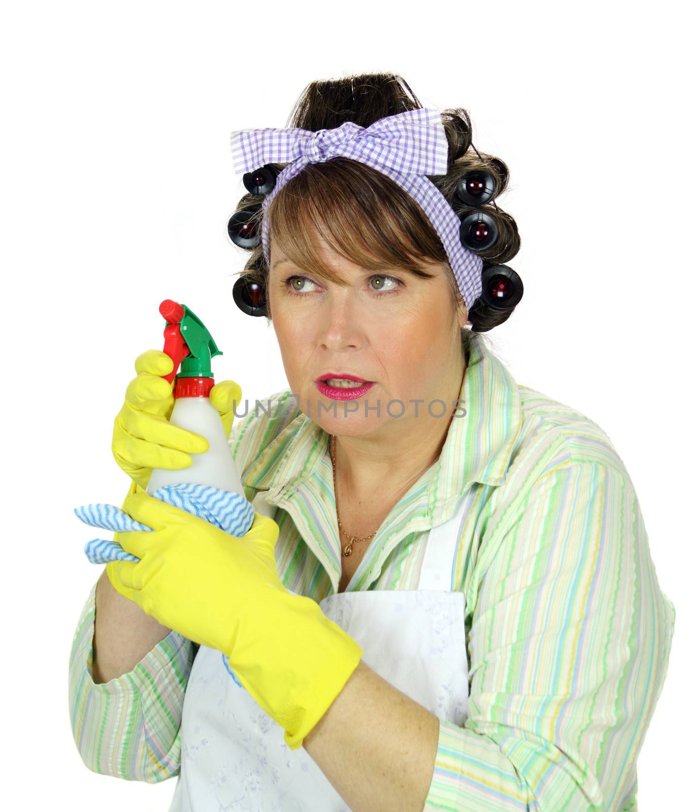 Frumpy middle aged sterotypical housewife with spray bottle.