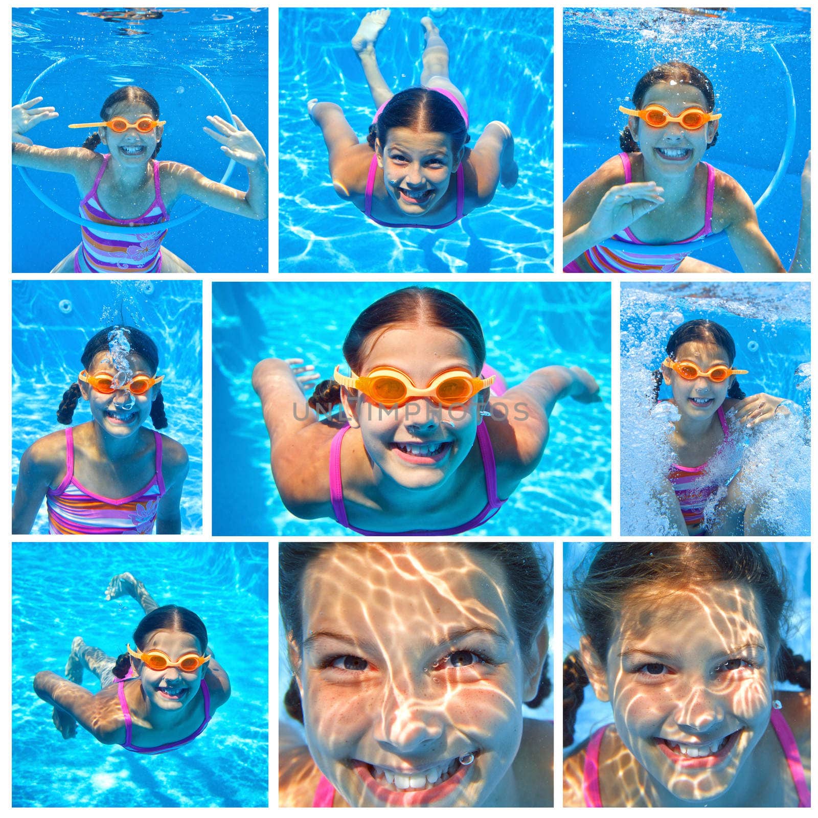 Collage of images the cute girl swimming underwater and smiling
