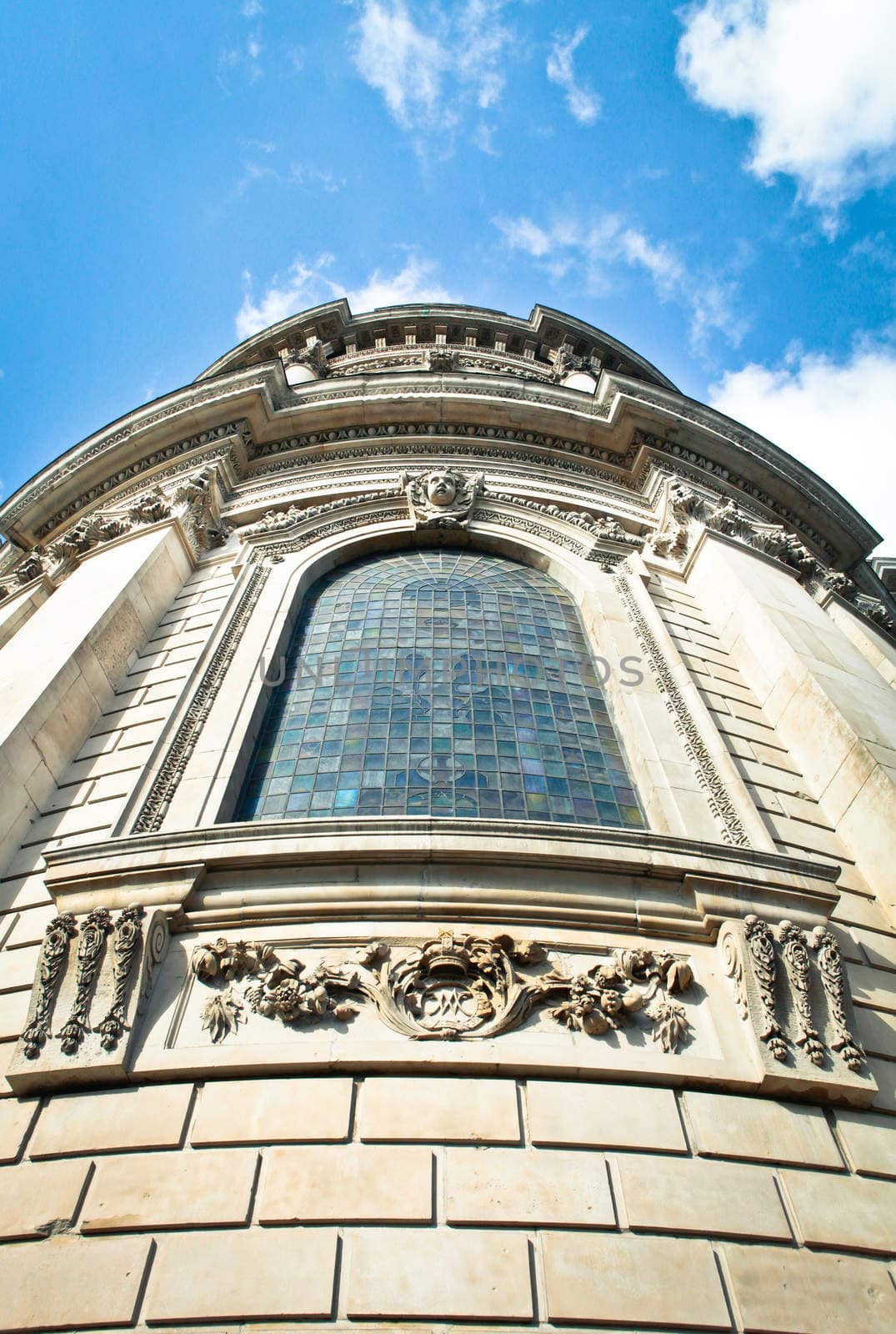 Low perspective view of the tower of St Paul's Cathedral, London