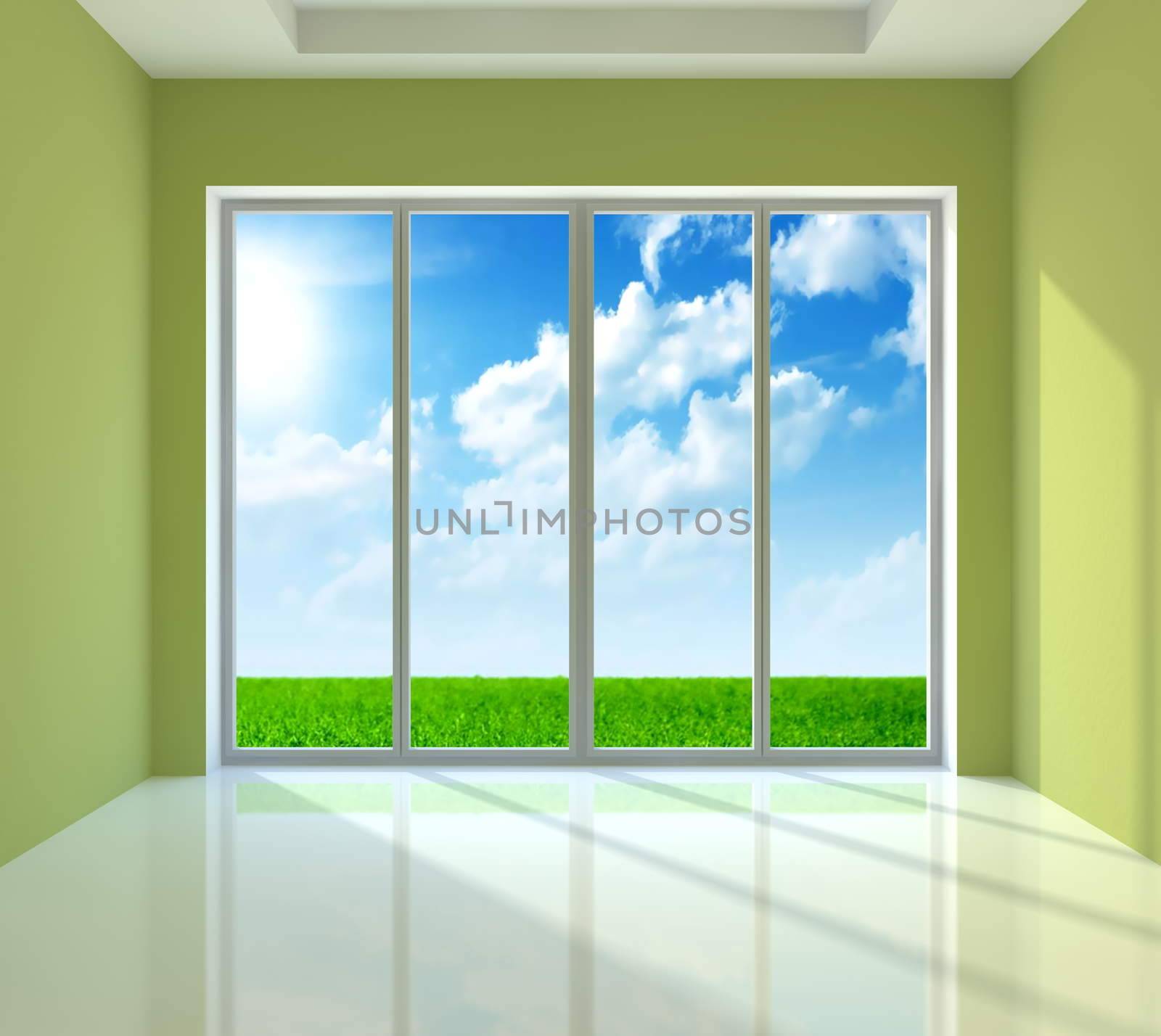 Large window with view to sunny day