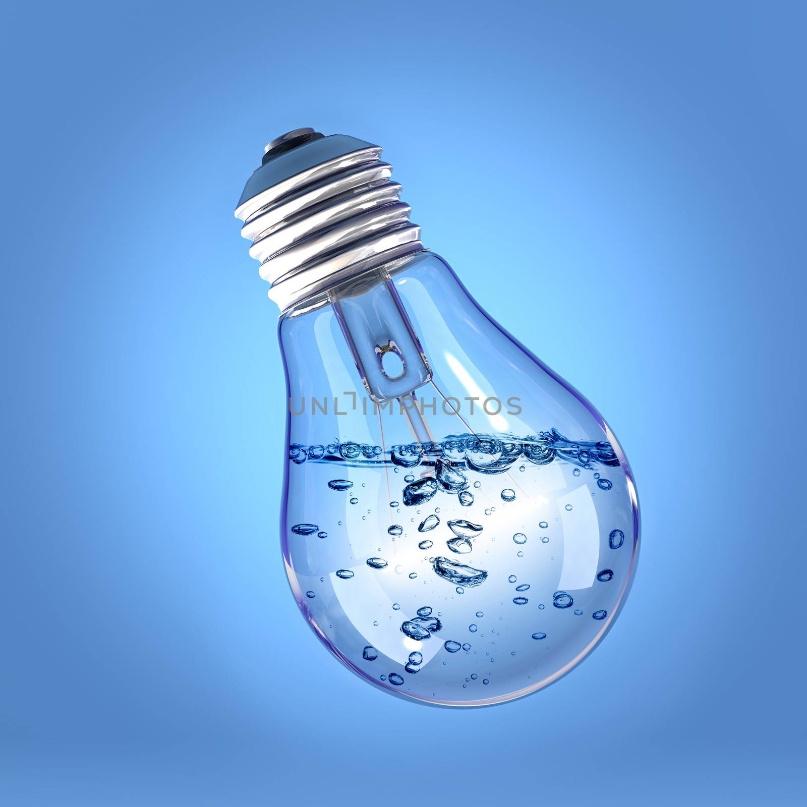 Incandescent light bulb filled with liquid on blue background