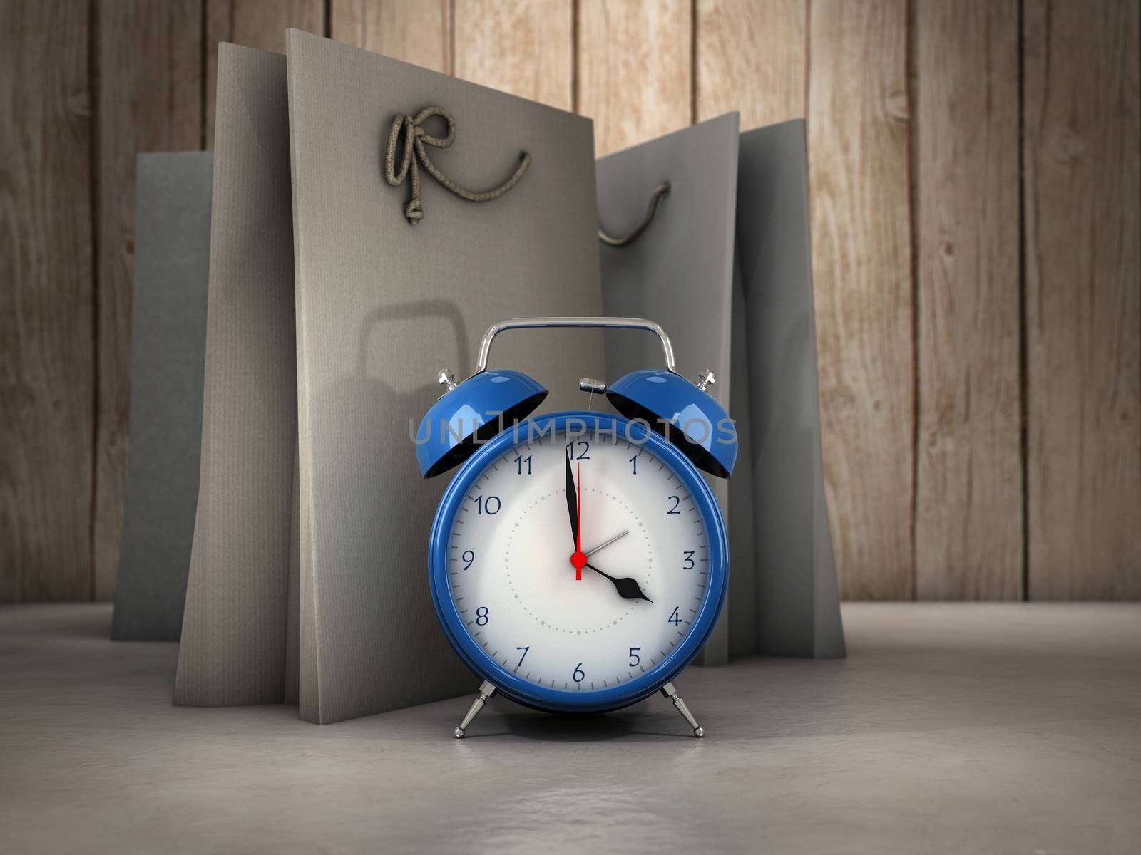 Blue alarm clock and shopping bags background