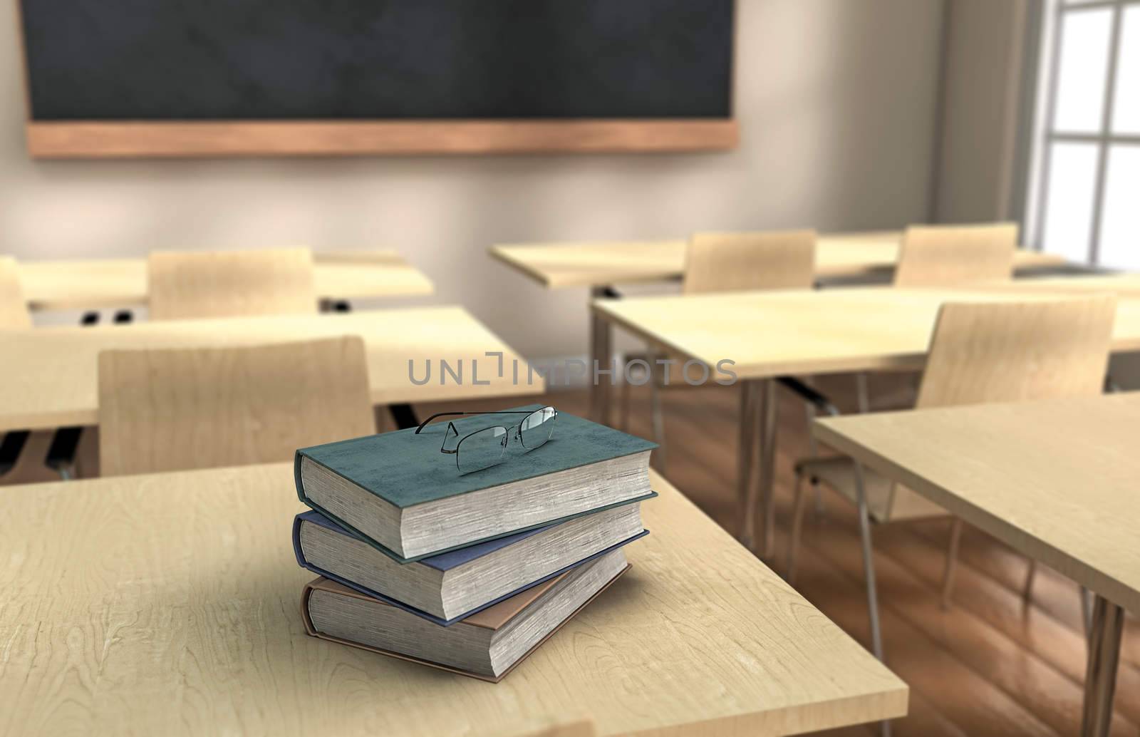 Pile of books on a classroom with glasses on top of them